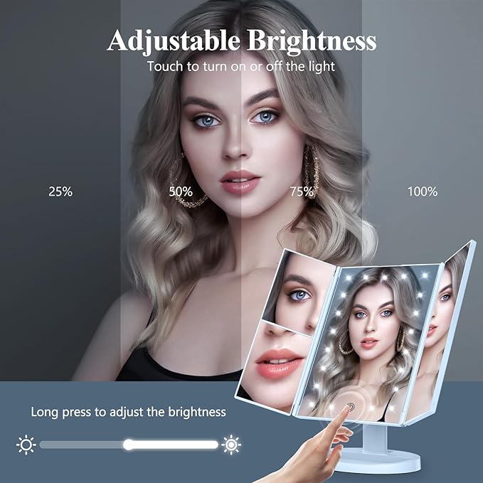 HUONUL Makeup Mirror, Vanity Mirror with Lights, 2X/3X/10X Magnification, Touch Control, Trifold Mirror, Dual Power Supply, Valentines Day Gifts for Her,Gifts for Women, Wife, Mom, Teengirls