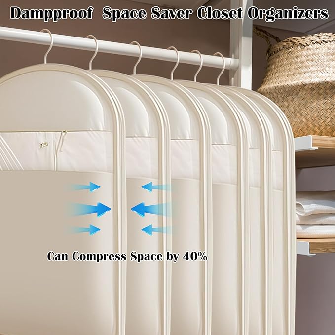 3Pcs Space Saving Hanging Garment Bag with Self Compression Zipper, Storage Bags Space Saver Closet Organizers Dust Cover 3 sizes for Down Coat Clothes Beige
