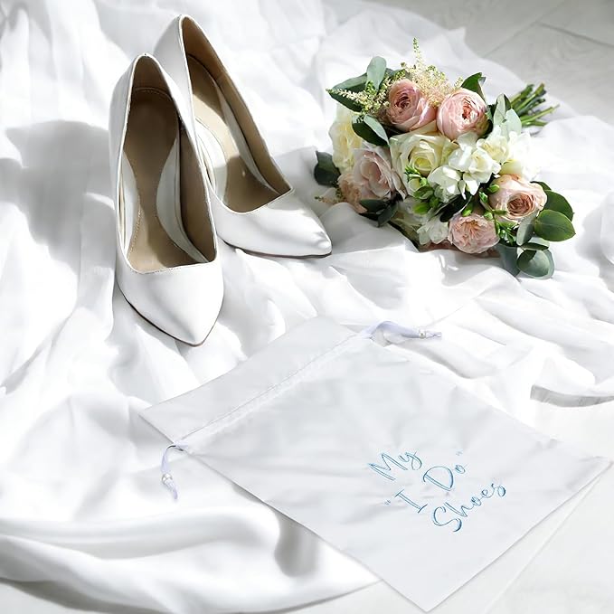 Bride Shoe Bag 11" x 9" Satin Wedding Shoe Storage Pouch with Drawstring Bridal Shower Gifts for Engagement Honeymoon