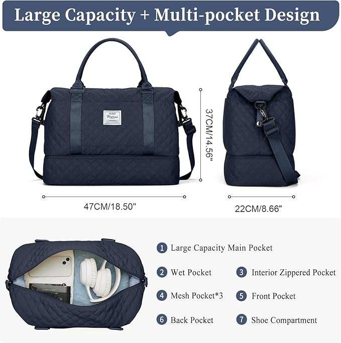 Weekender Bags for Women, Carry on Overnight Weekend Travel Duffel Bag with Shoes Compartment &Toiletry Bag, Personal Item Bag for Travel Business Trips Sport Hospital，Grid-NavyBlue
