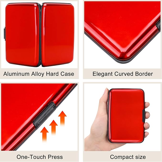 ELFISH Mini RFID Aluminum Wallet Credit Cards Holder Business Card Case Metal ID Case for Men Women (Red)