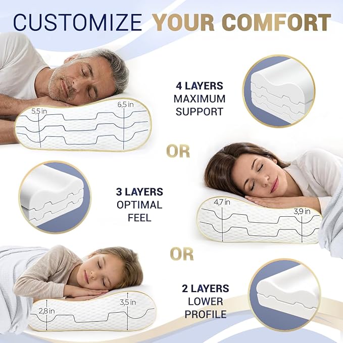 Memory Foam Pillow, Cervical Pillow, 4-Layer Queen, Contour Pillow, Side Sleeper, Neck Support, Pillow for Neck Pain, CertiPUR-US
