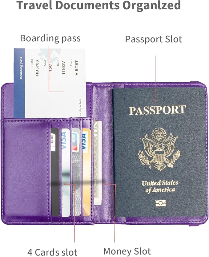 Passport Holder and Card Slot Combo RFID Blocking Leather Travel Passport Wallet for Men and Women US Passport Cover, Purple