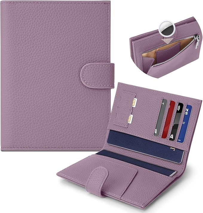 Genuine Leather Passport Holder for Women Men, Hidden Airtag Pocket, RFID Blocking, Zippered Coins Pocket & Cash Compartment Travel Gifts Essentials Passport Cover Case - Purple