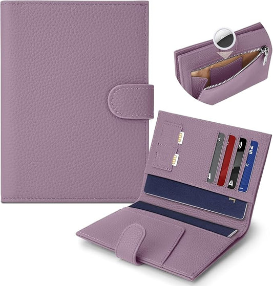 Genuine Leather Passport Holder for Women Men, Hidden Airtag Pocket, RFID Blocking, Zippered Coins Pocket & Cash Compartment Travel Gifts Essentials Passport Cover Case - Purple