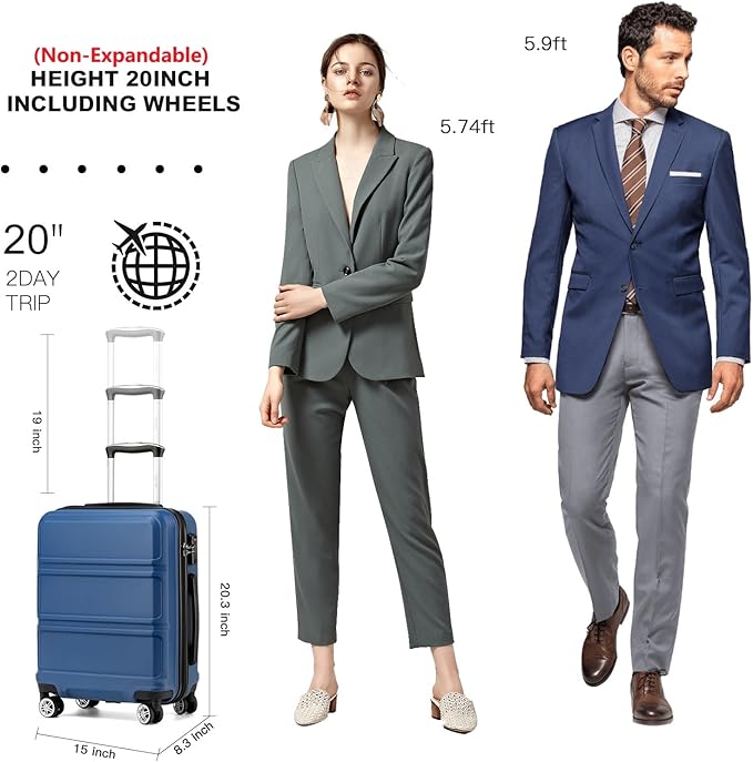 Kono 20" Carry on Luggage with Spinner Wheel TSA Lock, Lightweight PC+ABS Hardside Luggage Durable Small Carry on Suitcase Navy