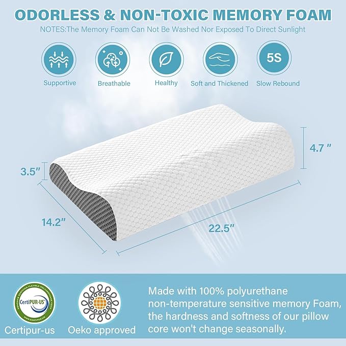 Memory Foam Pillows 2 Pack Neck Pillow - Neck Support Pillow for Pain Relief, Ergonomic Cervical Pillow for Sleeping, Orthopedic Contour Bed Pillow for Side, Back, Stomach Sleepers,Grey