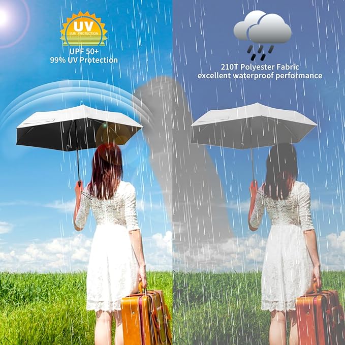 GAOYAING Mini Compact Travel Umbrella with Reflective Safety Stripes, Portable Folding Design with Case