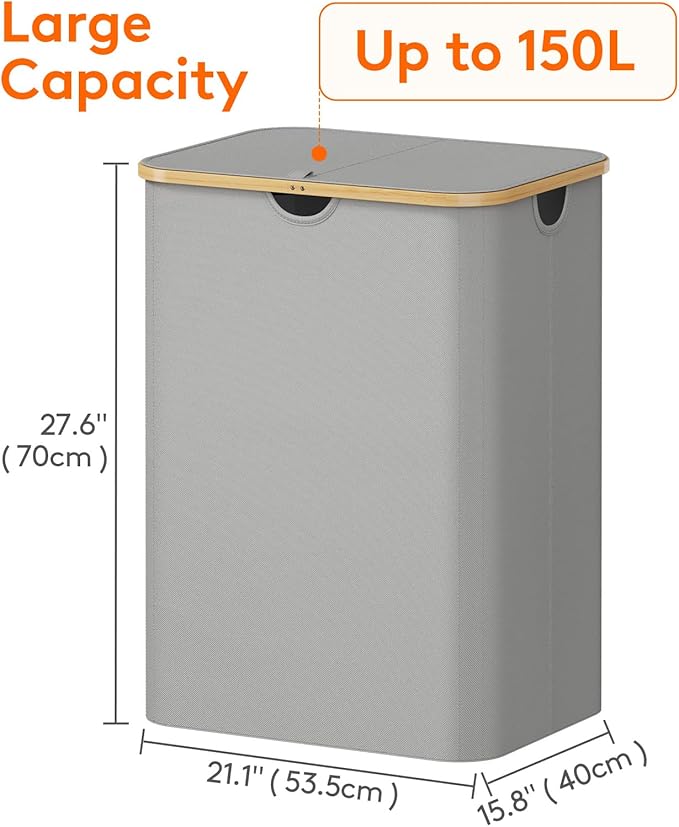 Lifewit 150L Laundry Basket with Lid, Clothes Hampers for Laundry with Bamboo Handles and 2 Removable Laundry Bags, Large Foldable Laundry Hamper for Bedroom, Bathroom, Dorm, Laundry Room, Sliver Gray