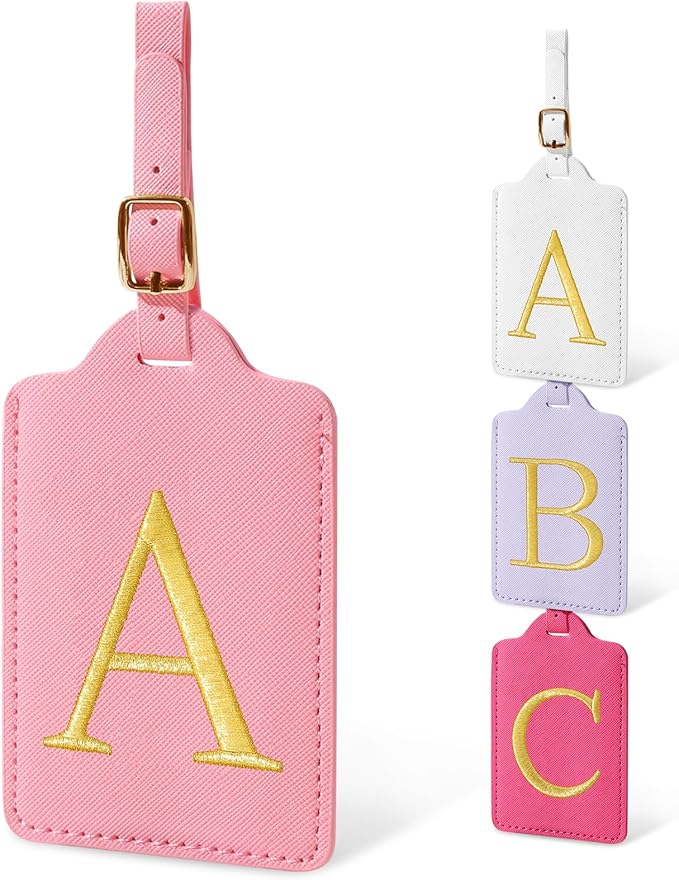 Initial Luggage Tags for Suitcases, Cute Embroidered Letter Luggage Bag Suitcase Identifier Name Baggage Tag, PU Leather Travel Luggage Tags, Bag Tags for Men Women Kids Luggage Handbags(Pink A)
