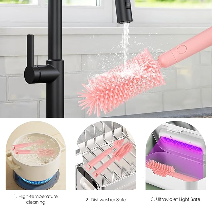 Travel Baby Bottle Cleaner Kit，7-in-1 Baby Bottle Brush Set for Travel and Home, All-in-One Baby Bottle Washing Kit: Integrated Cleaning & Drying System for Bottles and Breast Pump Parts (Pink)