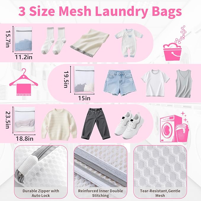 150L Laundry Bag Backpack with 3 Sizes Mesh Wash Bags and Shoulder Straps Foldable Clothes Hamper Bag with Drawstring Closure for College, Apartment, Laundromat (Hot Pink)