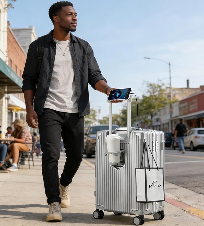 feilario Aluminium Frame PC Hard Shell Spinner Wheels Luggage,20.8"X15"X8.7 Airline Approved Built-In TSA lock Carry on Suitcase, with Cup Holder, USB Port, Phone Holder