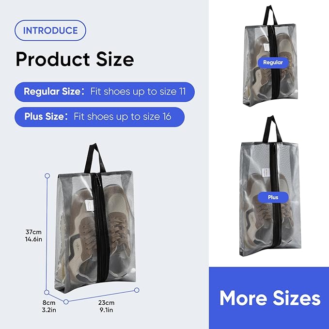 VUSIGN Travel Shoe Bag, Water-Resistant Shoe Pouch for Gym and Sport, Odor-Resistant Soccer Cleats Bag (Gray, 2-Pack)