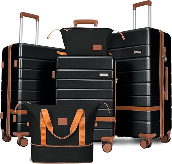 5 Piece Luggage Set for Family Travel, Lightweight Hardshell PC+ABS Suitcases set, Suitcase with 8 Smooth Spinner Wheels, TSA Lock, YKK Zippers(20' 24' 28' Black)