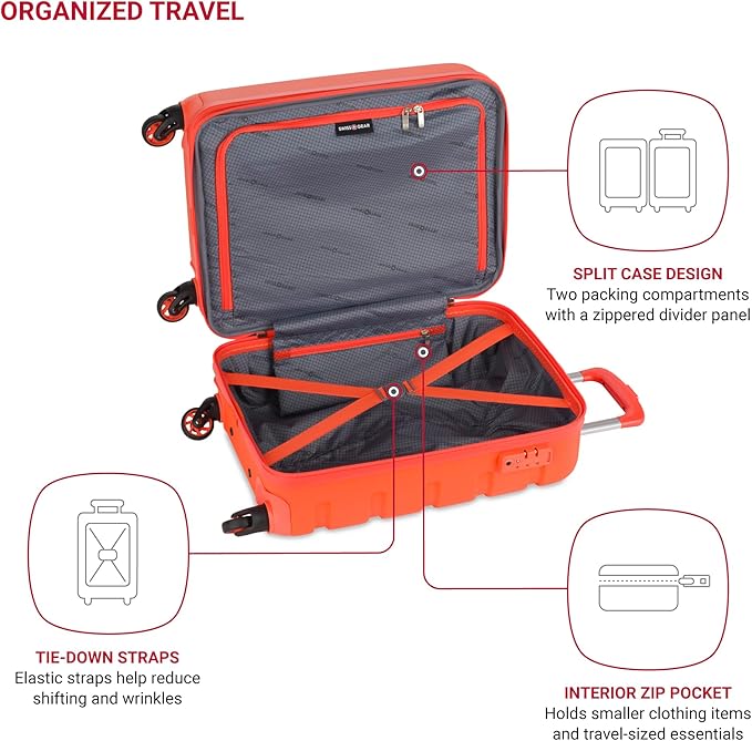 SwissGear 7366 Signature Hardside Expandable Luggage with Spinner Wheels, TSA Lock, Cup-Holder, Orange, Carry-On 19-Inch