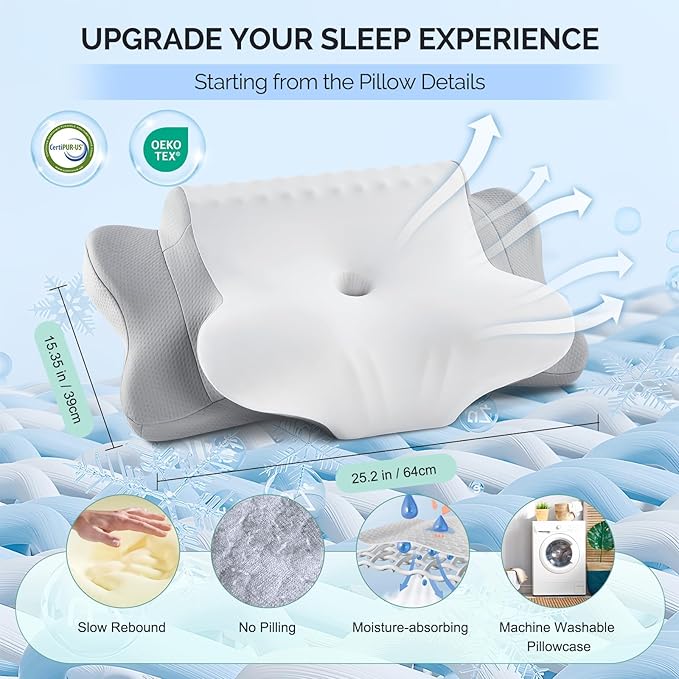Memory Foam Pillows for Neck Support,Cooling Ergonomic Dual-Sided Orthopedic Neck Cervical Pillow with Ice Silk Pillowcase, Breathable Contour Pillow for Side, Back, Stomach Sleepers