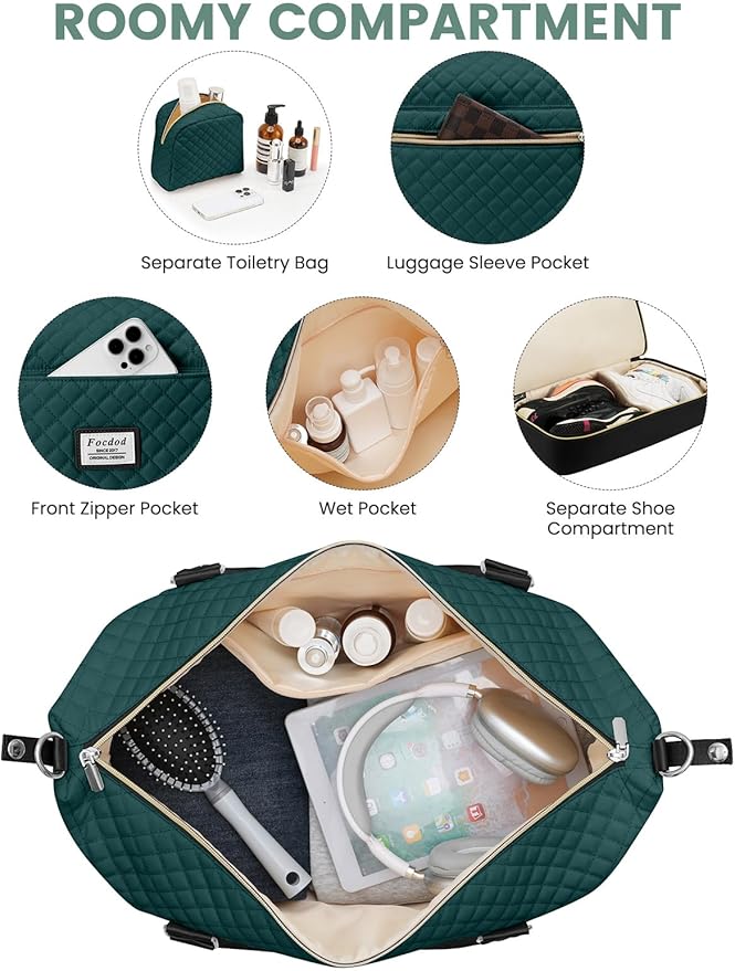 Travel Weekender Duffle Bags for Women: Overnight Bags with Shoe Compartment Large Carry on Weekend Bag with Toiletry Bag & Wet Pocket Tote Duffel Hospital Bag for Women Labor Delivery Black Green