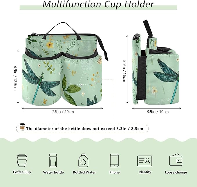 Green Dragonflies Flowers Leaves Luggage Cup Holder Travel Portable Free Hand Drink Carrier Suitcase Drinks Beverage Holder Carry-On Bottle Mug Holder Organizer Bag Travelers Accessories