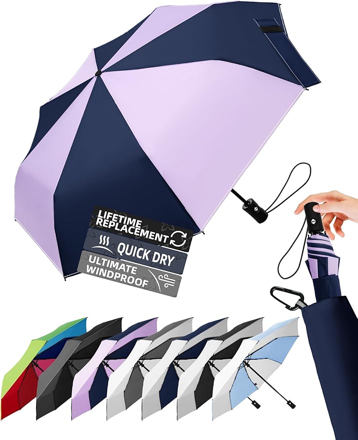 Windproof Travel Umbrella for Rain - 43" Auto Open Close 8-Rib Compact, Stylish Two-Tone Color Block Design, Easy-Close Folding Portable Parasol for Men & Women