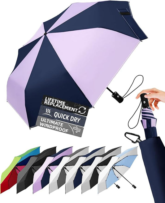 Windproof Travel Umbrella for Rain - 43" Auto Open Close 8-Rib Compact, Stylish Two-Tone Color Block Design, Easy-Close Folding Portable Parasol for Men & Women