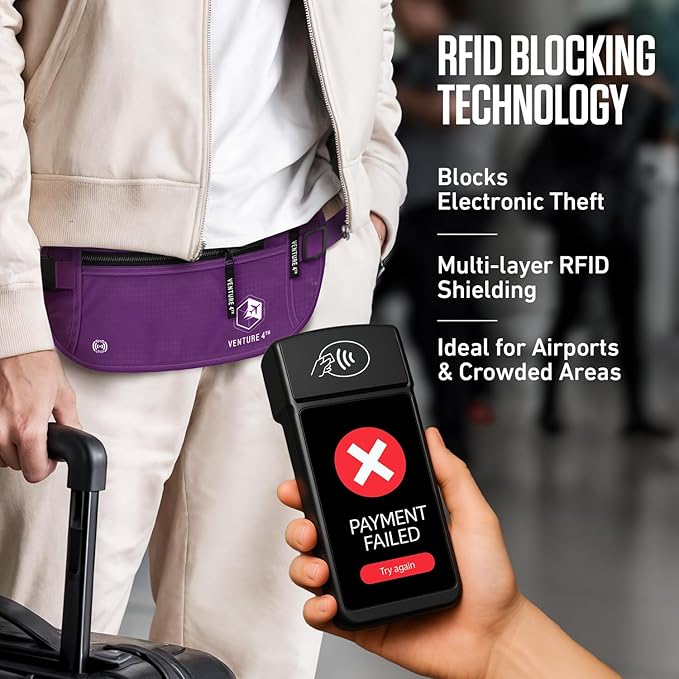 VENTURE 4TH Money Belt for Travel – Hidden Under-Clothes RFID Blocking Passport Holder & Slim Travel Wallet Pouch for Men & Women to Protect Cash, Cards & Documents (Purple)