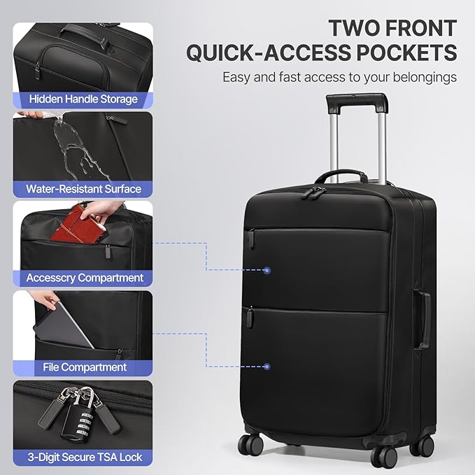 Carry On Luggage, Softside Suitcases with Spinner Wheels, Lightweight Carry-on Suitcase with TSA Lock for Women and Men, Large Luggage for Travel Business Trip (Black, 2-Piece Set 21/25)