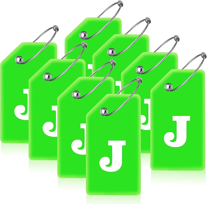 Gostwo 8 Pack Luggage Tags for Suitcases, 26 Initial Letter Travel Luggage Baggage Identification Labels ID Tags Fully Bendable Tags with Stainless Steel Loop (Letter J, Green)