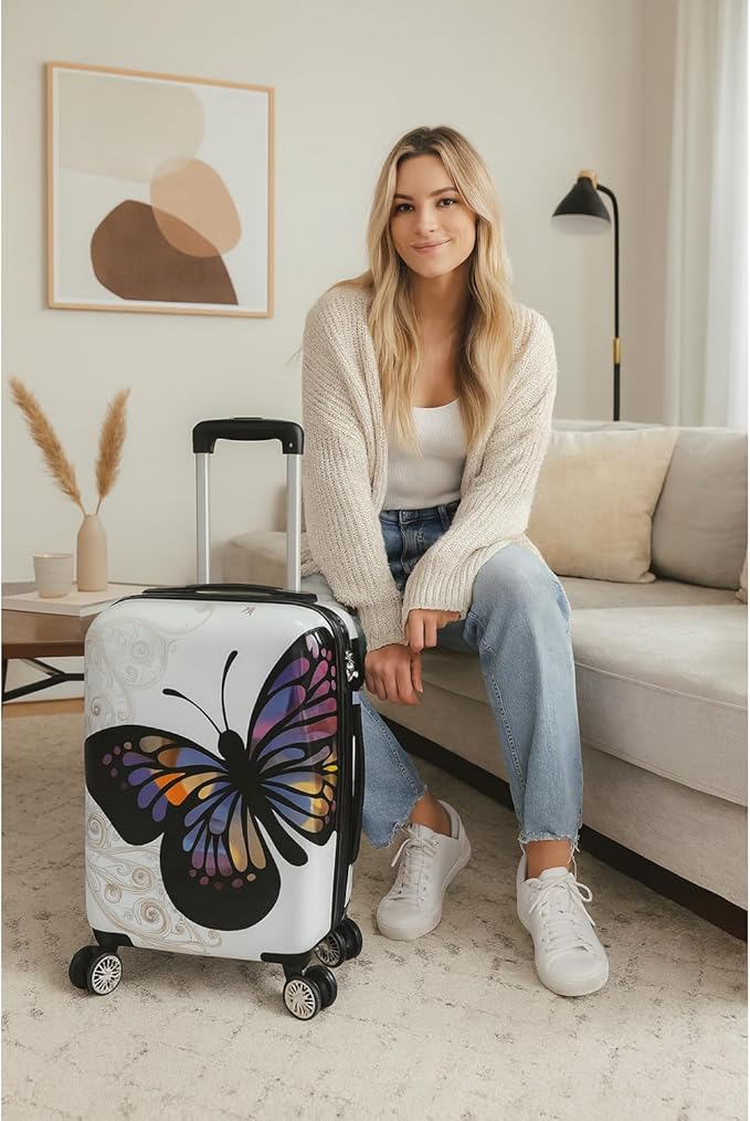 World Traveler Butterfly 20-Inch Carry-On Polycarbonage Hardside Expandable Spinner Luggage with Enhanced Wheel System