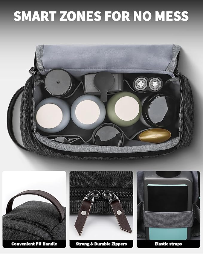 ZOMFELT Toiletry Bag for Men, Dual Layers Canvas Travel Toiletries Bag, Water-Resistant Travel Organizer with Elastic, Large Capacity Dopp Kit, Hanging Shaving Hygiene Bag, Black, L