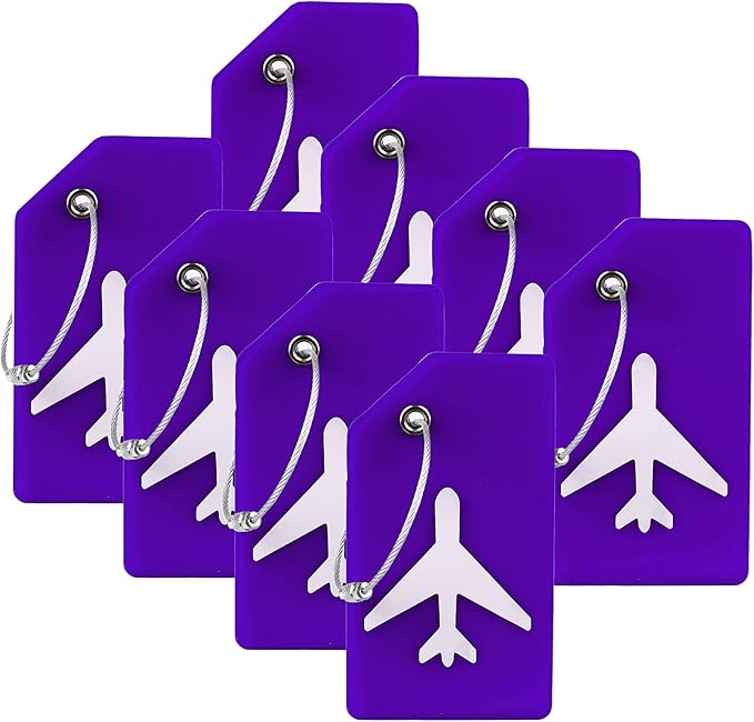 8 Pack Silicone Luggage Tag for Suitcases with Stainless Loop, TSA Approved, Privacy Protection Travel Essentials Bag Tags by Gostwo, Purple