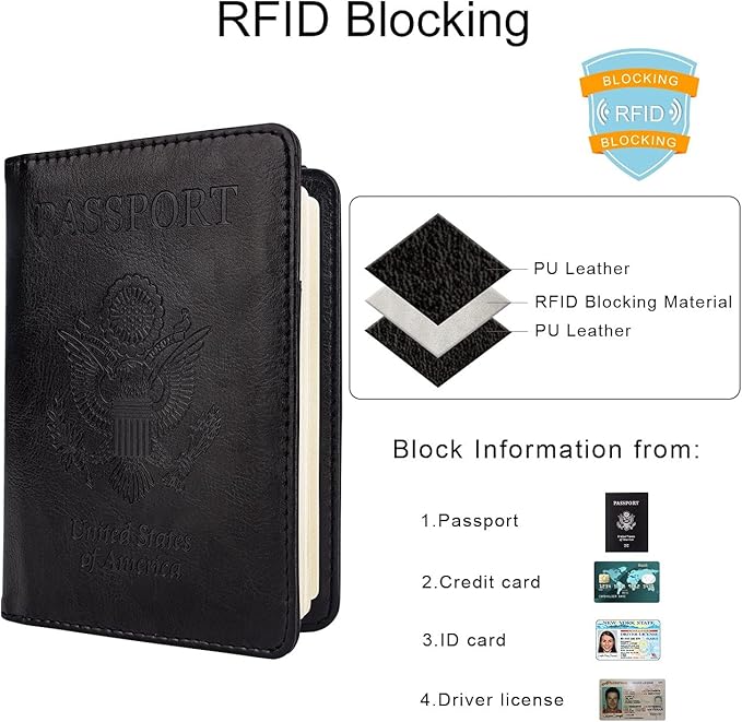 WALNEW Passport Holder for Travel, RFID Passport Cover Wallet for Women Men, PU Leather Passport Book Card Holder Case with Pen (Upgraded, Upgraded-Black)