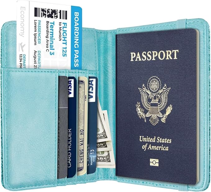 Passport Holder Cover, RFID Travel Wallet Credit Card Holder Blue Green Cute Sparkly Passport Book Holders for Women with Elastic Band and Golden Metal Decoration, Blue Green Glitter