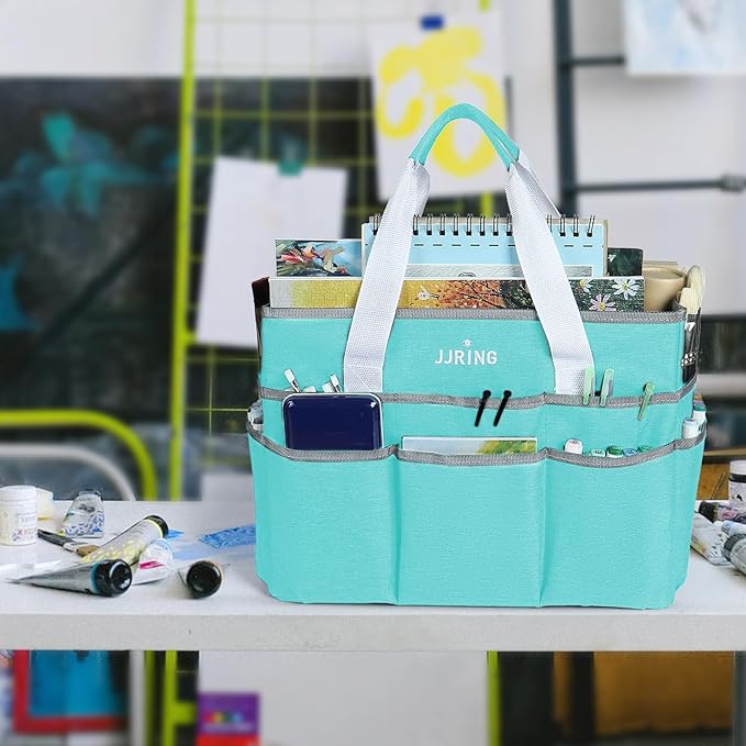 JJRING Craft Organizer Tote Bag, Large Art Storage Caddy with Multiple Pockets, Sky Blue Sewing Bag for Art, Craft, Scrapbooking, School, Medical, and Office Supplies Storage