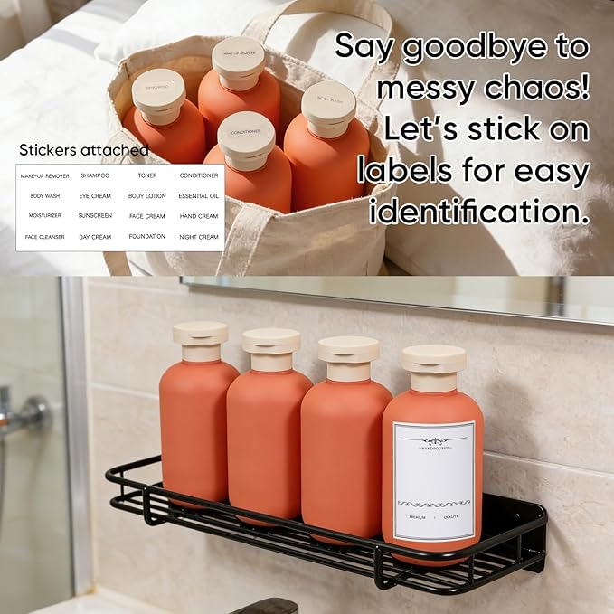 DEMORA 6.6oz Travel Bottles for Toiletries, Larger Plastic Travel Squeeze Bottles Leak Proof Refillable Toiletry Containers with Flip Caps and Labels for Shampoo Conditioner Lotion (Qrange, 4 Pcs)