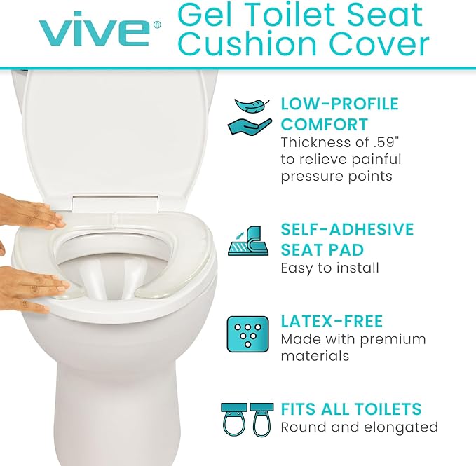 Vive Gel Toilet Seat Cushion Cover - Raised Padded Riser Cushion for Elongated, Standard, and Commode Chairs- Seat Warmer Pressure & Pain Relief Comfort- Adhesive Donut Pad for Elderly, Seniors