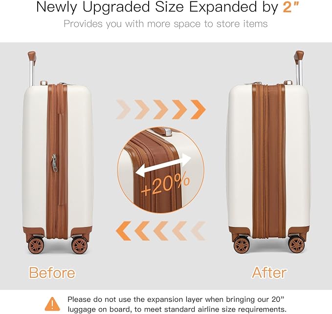 Kono Small 20 Inch Expandable Carry On Luggage with Quiet Spinner Wheels & TSA Lock, Scratch and Drop Resistant PC+ABS Hardside 22x14x9 Airline Approved Suitcase, Cream White & Brown