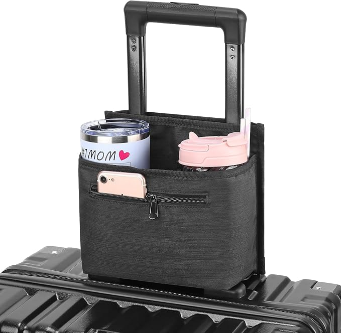 ZHCHG Luggage Travel Cup Holder Attachment for Suitcase Drink Carrier Caddy, Coffee Mug and Tumblers, Traveler Carry on Hands Free Accessory- Gifts for Flight Attendants Travelers Accessories- Black