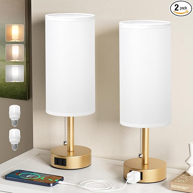 Gold Bedside Table Lamps Set of 2 - Bedroom Lamp for Desk, AC Outlet | 3CCT(3000K/4000K/5000K), LED Bulbs Included, White Fabric Lampshade, 14in Small Lamp for Nightstand, Guest Room, Living Room
