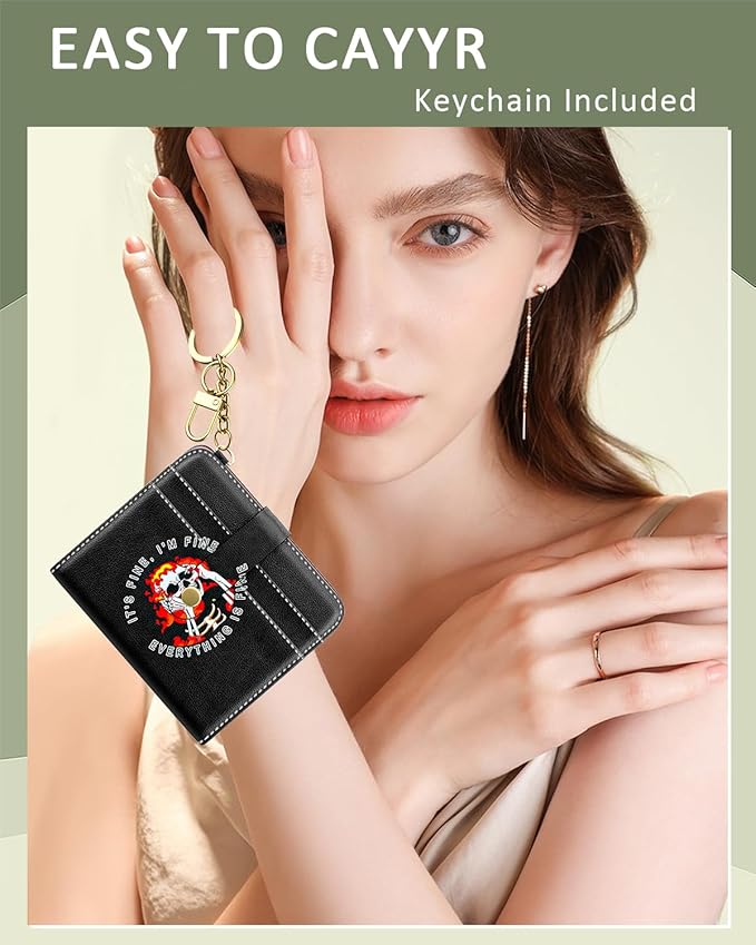 Aiawoxc Womens Wallet, RFID Small Wallets for Women, Slim Compact Credit Card Holder, Cute Leather Bifold Ladies Purse with Zipper Coin Pocket and ID Window, Skull
