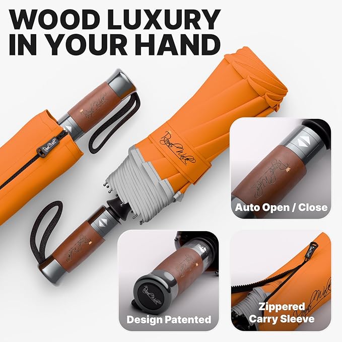 Royal Walk Windproof Folding Travel Umbrella Compact and Strong Luxurious Real Wood Handle Automatic Open Close Vented Double Canopy for Men and Women (Orange)