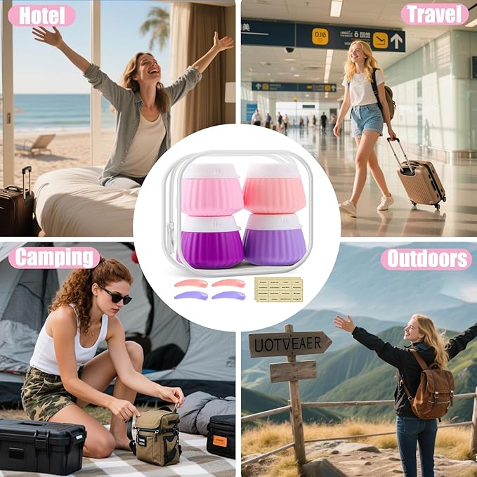 4 Pack Travel Size Silicone Cream Containers, Leak Proof Refillable Toiletry Bottles for Toiletries with 4 Scoops, Labels and Clear Bag, Suitable for Travel Shampoo and Conditioner Bottles (A)