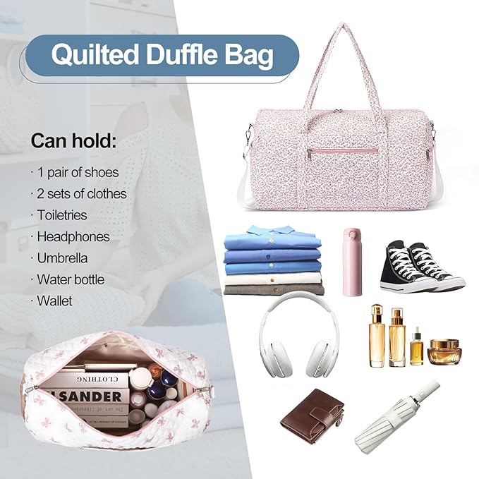 Gym Bag for Women, Cute Duffle Bag, Quilted Duffle Bag for Travel, Floral Duffle Bags, Weekend Bag with Zipper Pocket Dance Bag Organizer