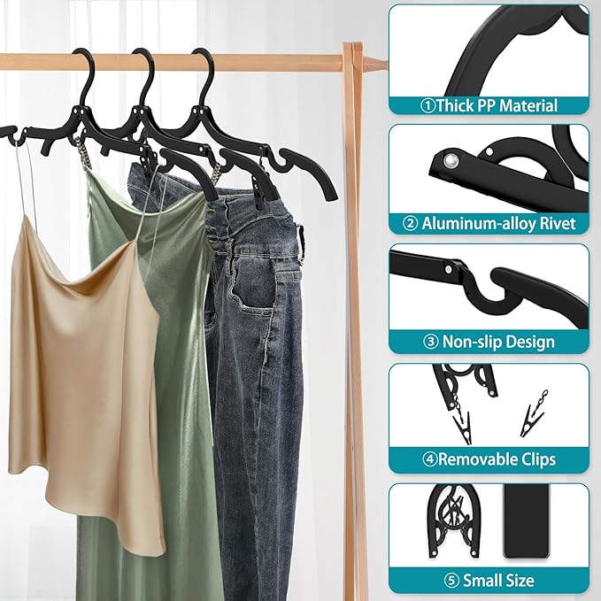 30 Pcs Travel Hangers Portable Foldable Travel Hanger Organizer, Plastic Cruise Essentials Clothes Drying Rack Folding Hangers for Camping Flying RV Europe Vacation Essentials Suitcase, Pitch Black