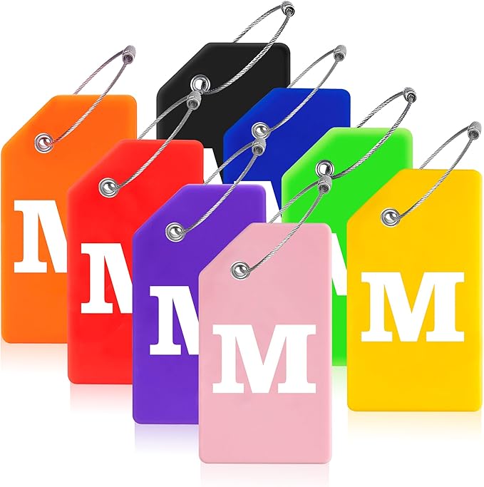 Gostwo 8 Pack Luggage Tags for Suitcases, 26 Initial Letter Travel Luggage Baggage Identification Labels ID Tags Fully Bendable Tags with Stainless Steel Loop (Letter M, Colorful)