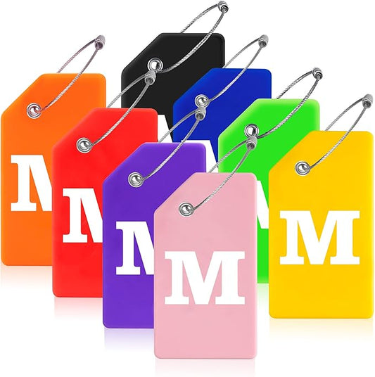 Gostwo 8 Pack Luggage Tags for Suitcases, 26 Initial Letter Travel Luggage Baggage Identification Labels ID Tags Fully Bendable Tags with Stainless Steel Loop (Letter M, Colorful)