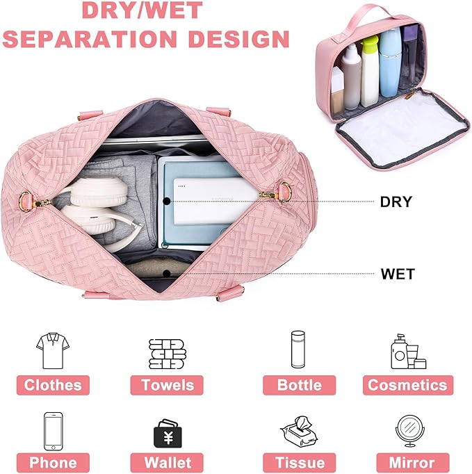 Women Weekender Travel Duffle Bag: Travel Duffel Overnight Bags with Shoe Compartment Large Carry on Tote with Toiletry Bag Weekend Traveling Yoga Gym Hospital Bag for Women with Wet Pocket Pink