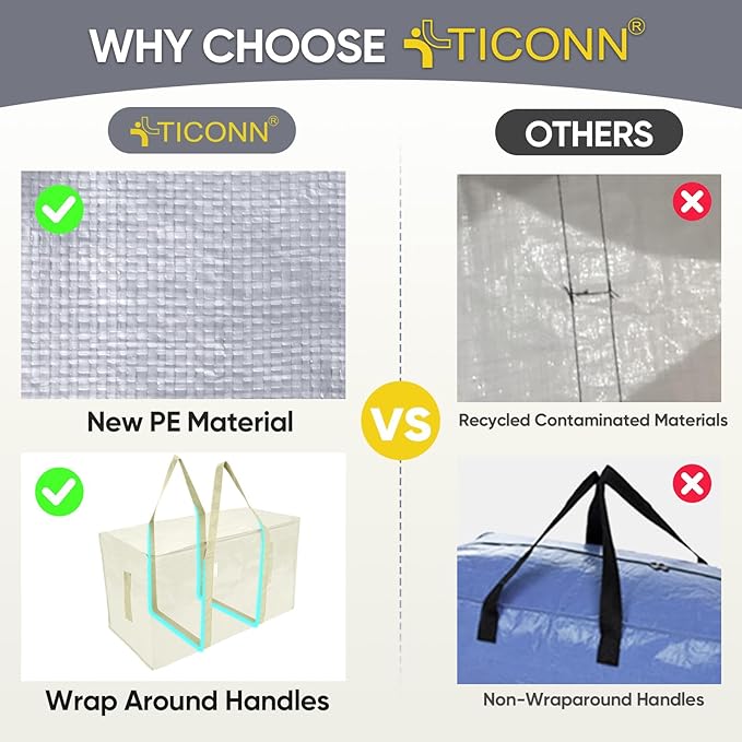 TICONN 4 Pack Extra Large Moving Bags Heavy Duty with Zippers & Carrying Handles, Durable Storage Bags Moving Boxes for Closet Organizers and Storage (4 Pack, Cream)