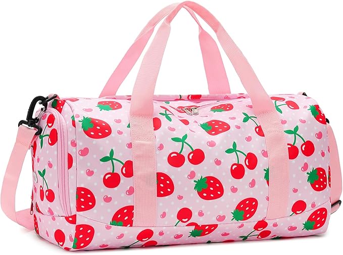 Duffle Bag for Girls Kids Overnight Bags Cute Strawberry Cherry Dance Sports Bag Travel Tote with Shoe Compartment and Wet Pocket