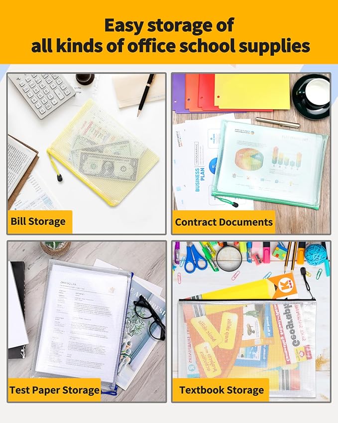 SUNEE Plastic Mesh Zipper Pouch 4.6x9.2 in (8 Colors, 24 Packs), Small Water-Resistant Zip Bag for School Office Supplies, Pencil Organizing Storage